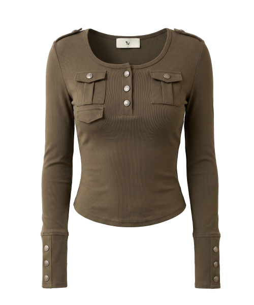 SCHISM INDUCING（スキズムインデューシング）の「POCKET BUTTONED HENLEY TOP KHAKI（Tシャツ/カットソー・レディース・その他・FREE）」の6枚目の写真