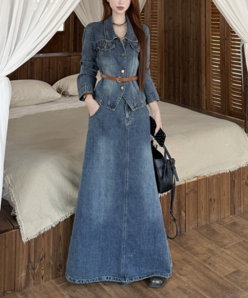 FAVORITO(ファヴォリート)の「デニムトップスロングスカートセットアップ(セットアップ・レディース・ブルー・S/M/L/XL)」の1枚目の写真