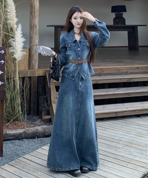 FAVORITO(ファヴォリート)の「デニムトップスロングスカートセットアップ(セットアップ・レディース・ブルー・S/M/L/XL)」の8枚目の写真