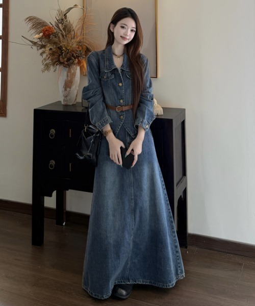 FAVORITO(ファヴォリート)の「デニムトップスロングスカートセットアップ(セットアップ・レディース・ブルー・S/M/L/XL)」の9枚目の写真