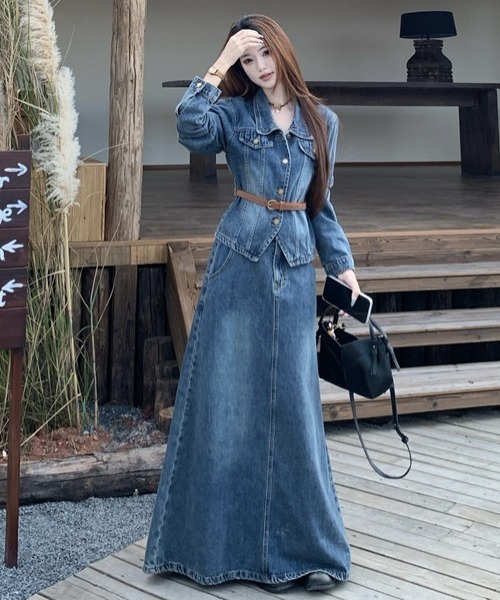 FAVORITO(ファヴォリート)の「デニムトップスロングスカートセットアップ(セットアップ・レディース・ブルー・S/M/L/XL)」の15枚目の写真