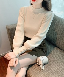 ちらっ見せでお洒落を格上げ。袖ボタン付き （長袖） リブニットプルオーバー 【オフィスカジュアル】【きれいめカジュアル】 レディース韓国風 春服 秋服 冬服