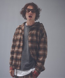 ADAMPATEK/brushed shade ombrecheck zip pk/チェックフード付きシャツ