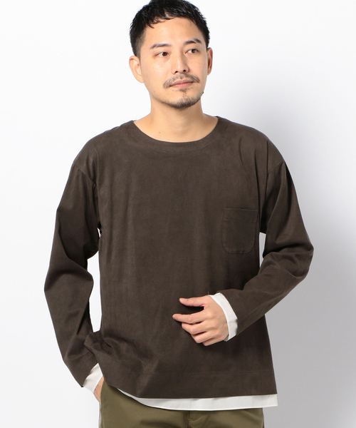 SHIPS JET BLUE(シップスジェットブルー)の「THEE: エクスクルーシブ コットンスエード レイヤードシャツ(Tシャツ/カットソー・メンズ・ブラック/ブラウン・1/2)」の2枚目の写真