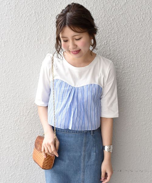 Khaju(カージュ)の「Khaju:ストライプビスチェトップス(Tシャツ/カットソー・レディース・ホワイト/ブラック・ONE SIZE)」の1枚目の写真