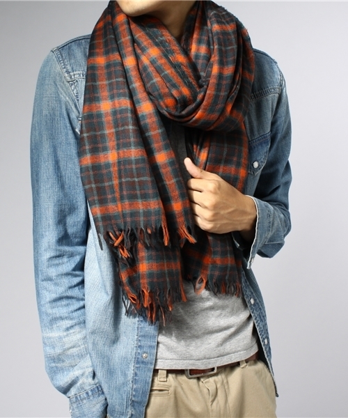 JOHN LAWRENCE SULLIVAN（ジョンローレンスサリバン）の「CHECK SHAWL（マフラー・メンズ・オレンジ/イエロー・FREE）」の3枚目の写真