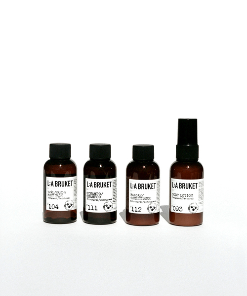 L:A BRUKET(ラブルケット)の「L:A BRUKET/ラブルケット」 オーガニック トラベルキット ボディ用洗浄料 / ボディローション / ヘアシャンプー / ヘアコンディショナー 60ml(コスメキット/ギフトセット)」|A