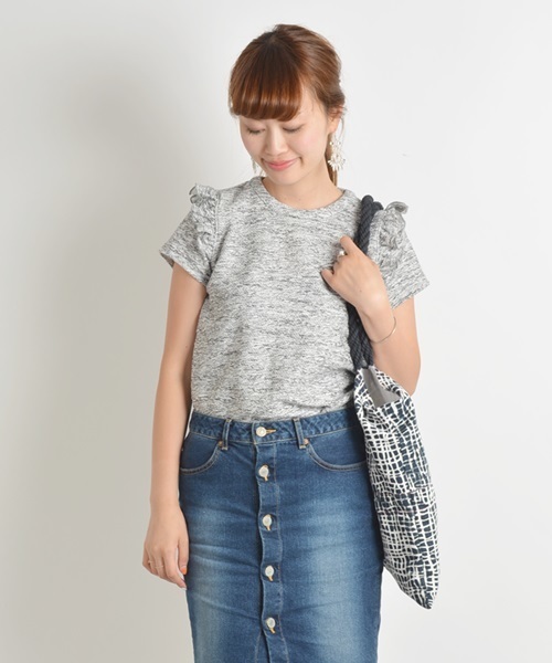 Khaju（カージュ）の「Khaju:ミックスツイードフリルショートスリーブ（Tシャツ/カットソー・レディース・ホワイト/グレー・ONE SIZE）」の2枚目の写真