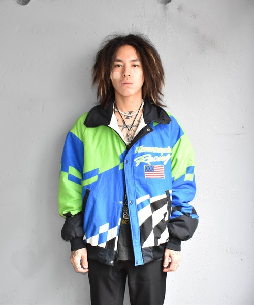 希少　kawasaki カワサキ レーシングジャケット　中綿　ボンバー　総柄 ヴィンテージKawasakiレーシング 中綿ジャケット ブルゾン