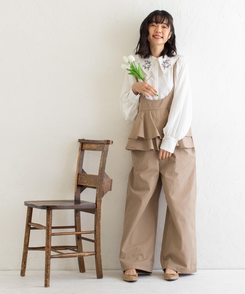 ブラウス シャツ 「刺繍入り／日本製／ワンマイルウエア」ラウンドカラーシャツ レディース セール】セーラーカラー刺繍ブラウス（シャツ/ブラウス