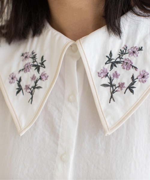 ブラウス シャツ 「刺繍入り／日本製／ワンマイルウエア」ラウンドカラーシャツ レディース セール】セーラーカラー刺繍ブラウス（シャツ/ブラウス