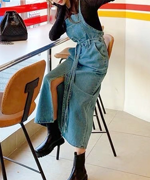 Primazel プリマゼル の スリット入りロングデニムジャンパースカート ジャンパースカート Wear