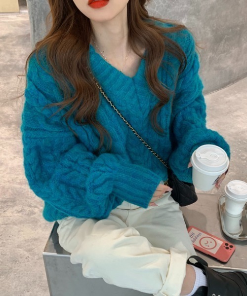 MANGROVE（マングローブ）の「Vネックざっくり編みニット（ニット/セーター・レディース・ピンク/ターコイズブルー/オレンジ/アイボリー/ライトグリーン/ライトブルー/グレー/ベージュ・FREE）」の22枚目の写真