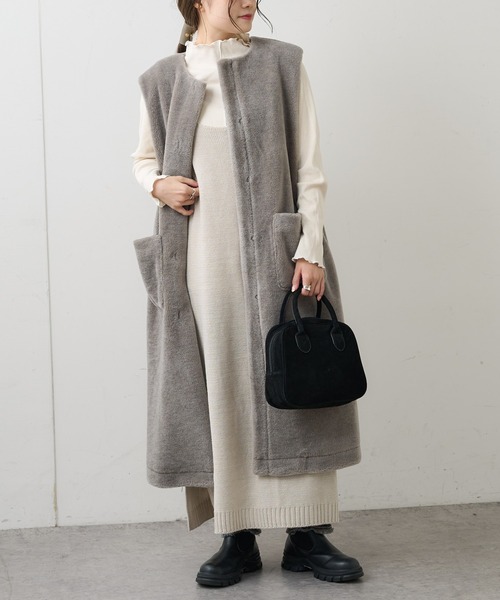 PUAL CE CIN（ピュアルセシン）の「【ウール100%】ファインボアベストコート（その他アウター・レディース・スミクロ/グレイッシュベージュ・FREE）」の3枚目の写真