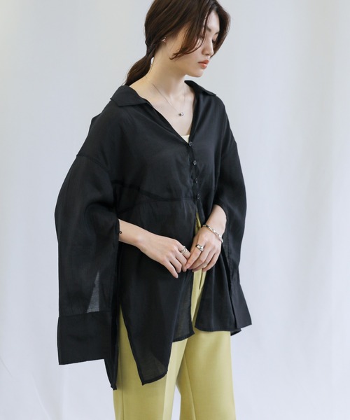 select MOCA（セレクトモカ）の「切り替えデザインオープンスリーブシアーシャツ（シャツ/ブラウス・レディース・ブラック/オフホワイト/カーキ・FREE）」の6枚目の写真