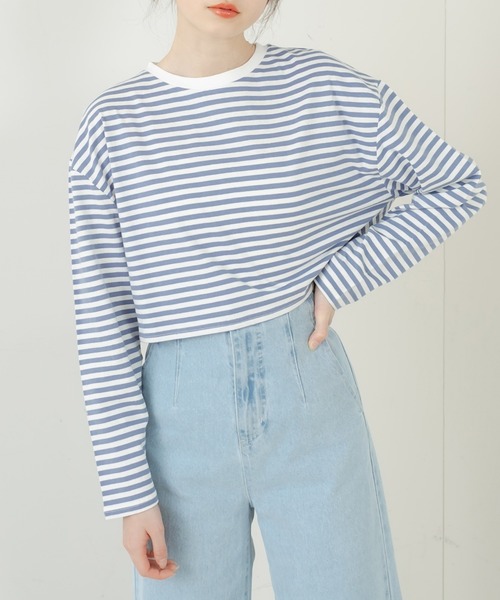 OLIVE des OLIVE（オリーブデオリーブ）の「ショートボーダーロンT（Tシャツ/カットソー・レディース・ピンク/グレー/ブラック/ブルー・FREE）」の3枚目の写真