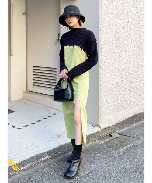 EMODA（エモダ）の「ダブルストラップスリットワンピース（ワンピース・レディース・ブラック/ライム・FREE）」の6枚目の写真