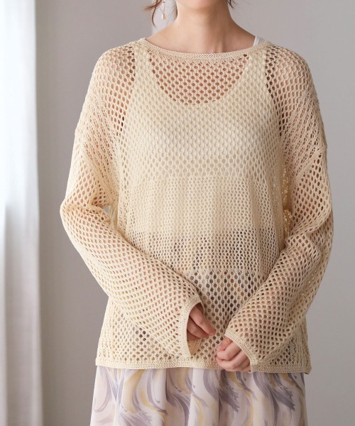 Bou Jeloud（ブージュルード）の「メッシュ編切替トップス（ニット/セーター・レディース・ベージュ/カーキ/ダークネイビー・FREE）」の2枚目の写真