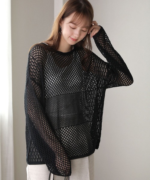 Bou Jeloud（ブージュルード）の「メッシュ編切替トップス（ニット/セーター・レディース・ベージュ/カーキ/ダークネイビー・FREE）」の3枚目の写真