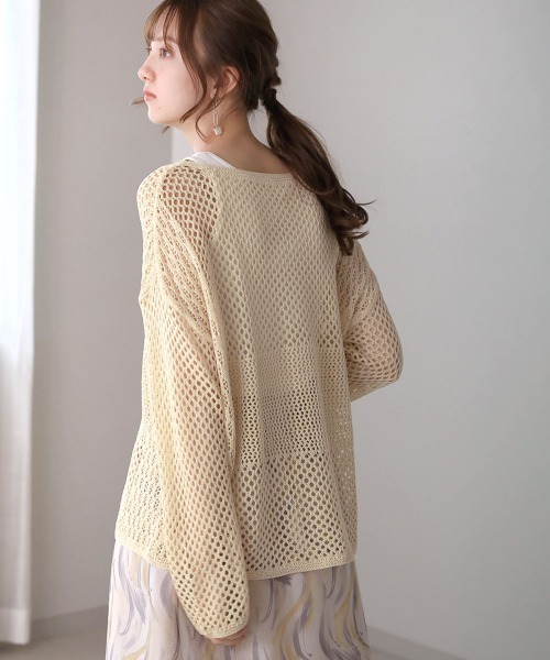 Bou Jeloud（ブージュルード）の「メッシュ編切替トップス（ニット/セーター・レディース・ベージュ/カーキ/ダークネイビー・FREE）」の6枚目の写真