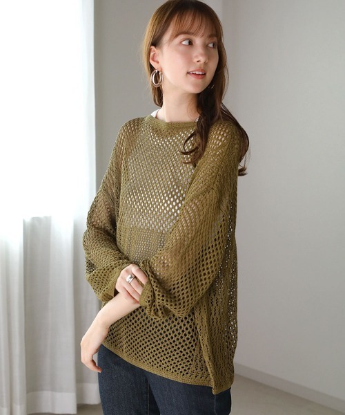 Bou Jeloud（ブージュルード）の「メッシュ編切替トップス（ニット/セーター・レディース・ベージュ/カーキ/ダークネイビー・FREE）」の9枚目の写真