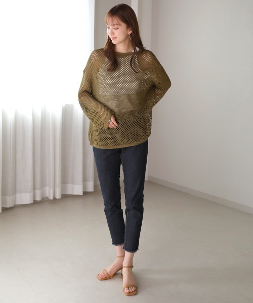Bou Jeloud（ブージュルード）の「メッシュ編切替トップス（ニット/セーター・レディース・ベージュ/カーキ/ダークネイビー・FREE）」の12枚目の写真