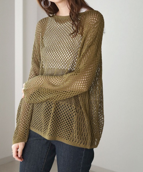 Bou Jeloud（ブージュルード）の「メッシュ編切替トップス（ニット/セーター・レディース・ベージュ/カーキ/ダークネイビー・FREE）」の14枚目の写真