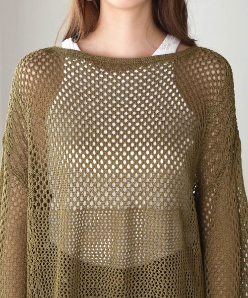 Bou Jeloud（ブージュルード）の「メッシュ編切替トップス（ニット/セーター・レディース・ベージュ/カーキ/ダークネイビー・FREE）」の5枚目の写真