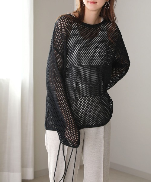 Bou Jeloud（ブージュルード）の「メッシュ編切替トップス（ニット/セーター・レディース・ベージュ/カーキ/ダークネイビー・FREE）」の13枚目の写真