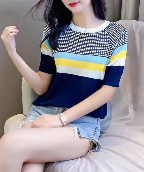 LOPASS(ロパス)の「サマーリブニットトップス(ニット/セーター・レディース・ネイビー/ピンク/ブルー・MEDIUM/LARGE)」の1枚目の写真