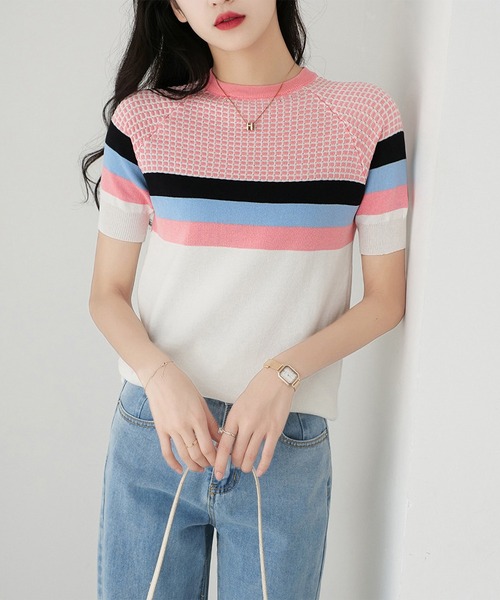 LOPASS(ロパス)の「サマーリブニットトップス(ニット/セーター・レディース・ネイビー/ピンク/ブルー・MEDIUM/LARGE)」の3枚目の写真