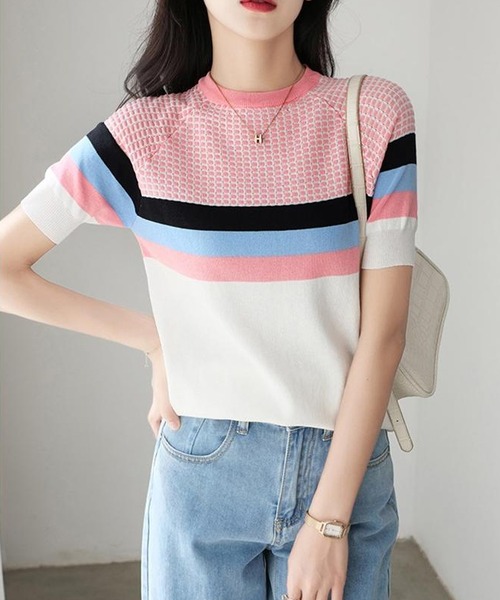 LOPASS(ロパス)の「サマーリブニットトップス(ニット/セーター・レディース・ネイビー/ピンク/ブルー・MEDIUM/LARGE)」の4枚目の写真