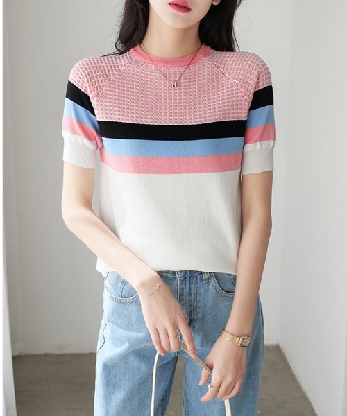 LOPASS(ロパス)の「サマーリブニットトップス(ニット/セーター・レディース・ネイビー/ピンク/ブルー・MEDIUM/LARGE)」の6枚目の写真