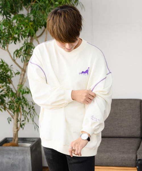 INTER FACTORY(インターファクトリー)の「もちょぺ - 配色刺繍スウェット made in INTER FACTORY(Tシャツ/カットソー・メンズ・アイボリー/パープル・MEDIUM/LARGE)」の10枚目の写真