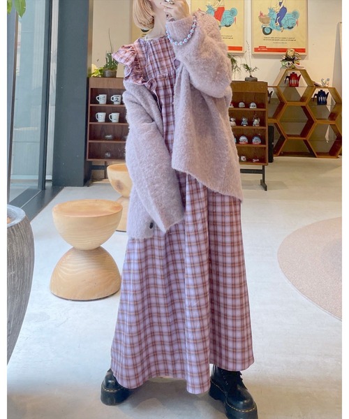 美品ワンダフルワールドジャストウエストオリジナルチェックワンピースタブリエセット パワショルシアーチェックワンピース | エミリアウィズ 公式