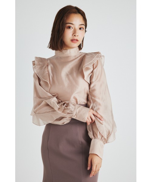 rienda(リエンダ)の「スタンドカラーフリルスリーブブラウス(シャツ/ブラウス・レディース・ブラウン/ピンク/ブラック/ライトベージュ・FREE)」の3枚目の写真