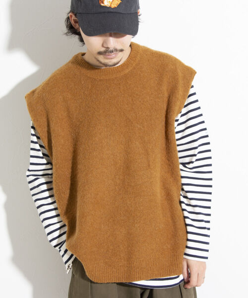 GLOSTER(グロスター)の「【GLOSTER/グロスター】シャギーモヘヤ ニットベスト ワイドフィット チェック/無地(ベスト・メンズ・ブラック/ベージュ系その他/キャメル・S/M/L)」の1枚目の写真