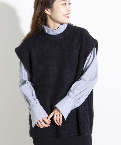 GLOSTER(グロスター)の「【GLOSTER/グロスター】シャギーモヘヤ ニットベスト ワイドフィット チェック/無地(ベスト・メンズ・ブラック/ベージュ系その他/キャメル・S/M/L)」の2枚目の写真