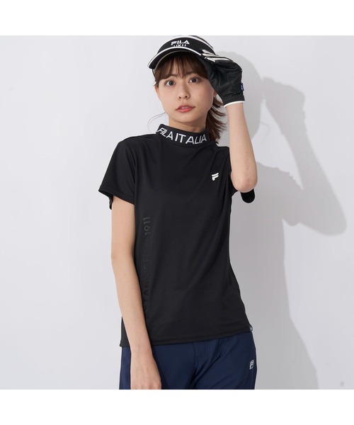 FILA GOLF(フィラゴルフ )の「FILA GOLF/フィラゴルフ ゴルフウェア 吸汗速乾 UVカット 接触冷感 衿リブ モックネック 半袖 Tシャツ(Tシャツ/カットソー・レディース・ホワイト/ブラック/ピンク・L/M/S/XS)」の2枚目の写真