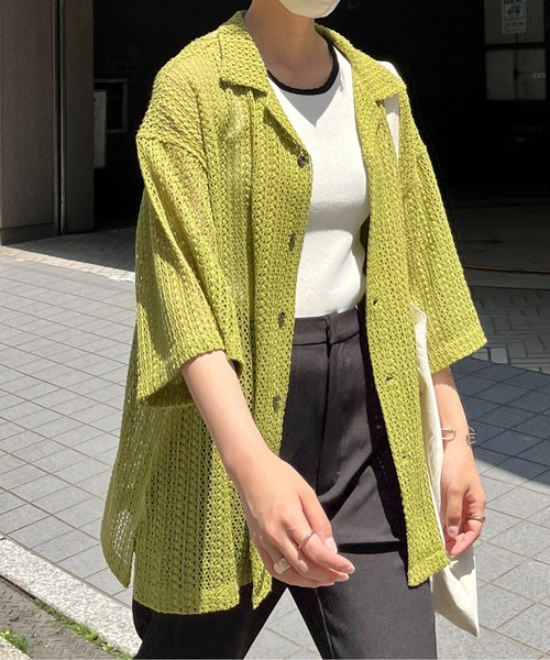 千*尋様 &ellecyレース開襟半袖シャツ ライムグリーン