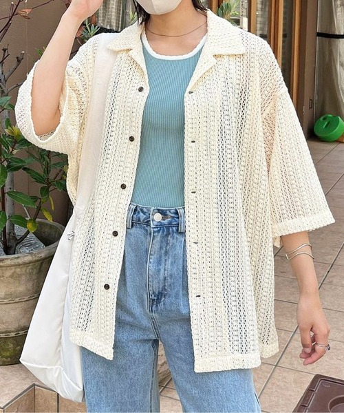 CPCM（シーピーシーエム）の「半袖レース開襟シャツ（シャツ/ブラウス・メンズ・グリーン/アイボリー/ネイビー・MEDIUM/LARGE）」の2枚目の写真