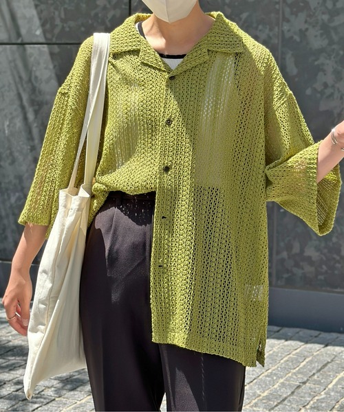 CPCM（シーピーシーエム）の「半袖レース開襟シャツ（シャツ/ブラウス・メンズ・グリーン/アイボリー/ネイビー・MEDIUM/LARGE）」の4枚目の写真