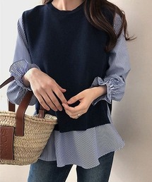 [IINNO]2点セット ブラウスレイヤードニットトップス