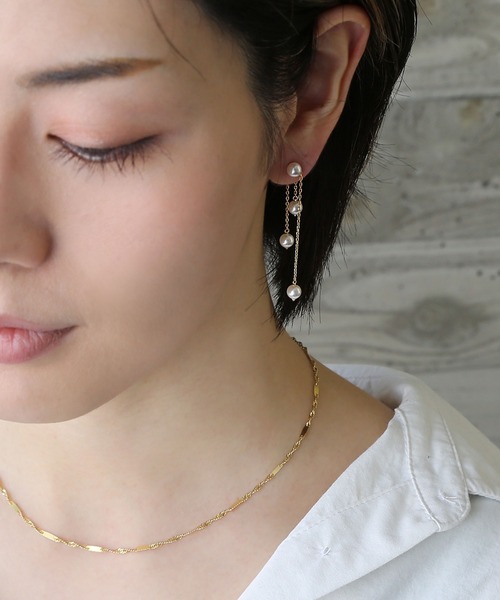 [silver925]パール×チェーン バックキャッチピアス〈金属アレルギー対応〉（ピアス（両耳用））｜colleca la（コレカラ）
