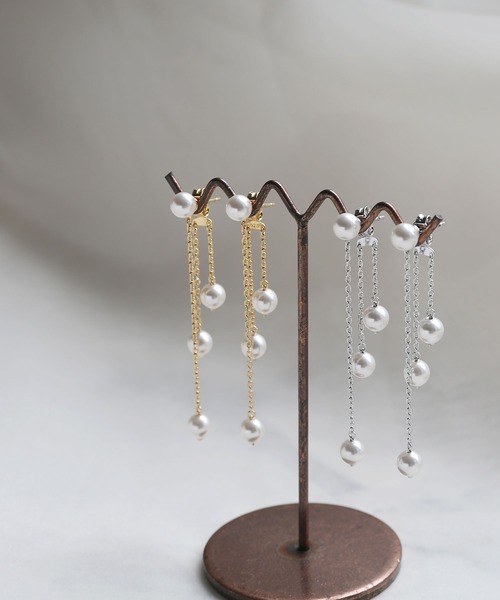 [silver925]パール×チェーン バックキャッチピアス〈金属アレルギー対応〉（ピアス（両耳用））｜colleca la（コレカラ）