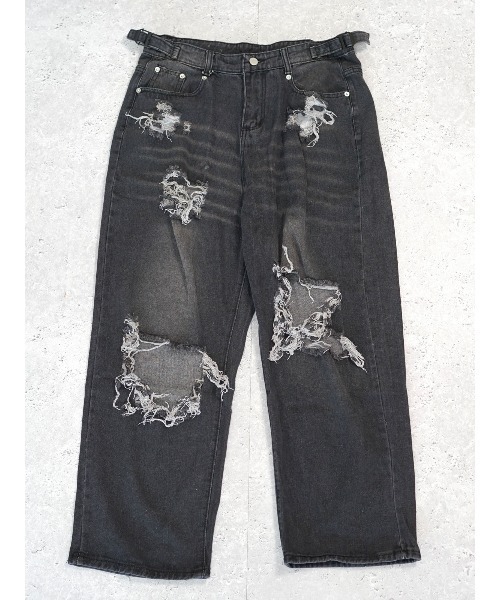 EAT*日本未入荷*ウォッシュ/ダメージ ワイドレッグ デニムパンツ FreeZone ジーンズ ルーズフィットダメージワイドデニムパンツ