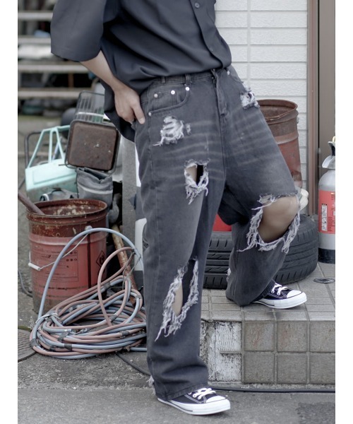 オーバーオール デニムダメージ ワイドパンツ ルーズ カジュアル デニムダメージオーバーオールパンツ | ファッション通販サイト NUGU