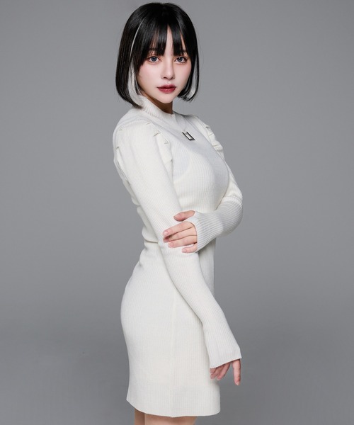 metal charm thumbhole knit tight one piece/メタルチャーム