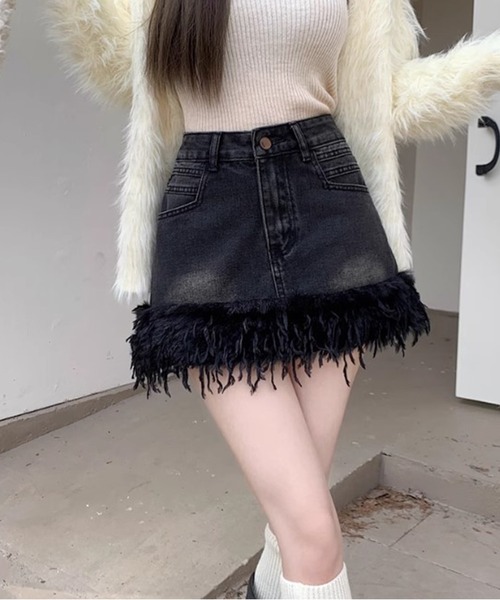 Chick(チック)の「▲BOA VINTAGE DENIM SKIRT / ボアビンテージ風デニムミニスカート(デニムスカート・レディース・ブラック/ブルー・S/M/L)」の6枚目の写真