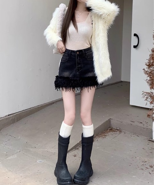 Chick(チック)の「▲BOA VINTAGE DENIM SKIRT / ボアビンテージ風デニムミニスカート(デニムスカート・レディース・ブラック/ブルー・S/M/L)」の5枚目の写真